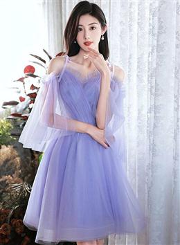 Picture of Purple Tulle Short Off Shoulder Homecoming Dresses, Purple Prom Party Dress